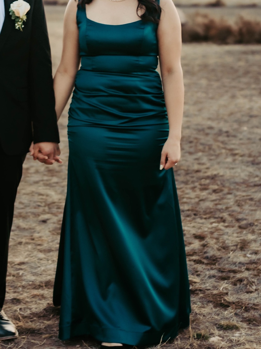 David's Bridal Satin Maxi Dress in Teal Green — Sleeveless Evening Gown